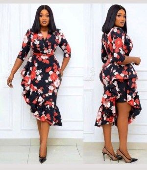 Beautiful flounce dress styles you should see. - Stylish Naija Flowery Gown Style, Flowery Material Styles, Flower Material Styles For Ladies, Chiffon Material Styles For Ladies, Office Dresses For Ladies, Office Dresses For Women Classy, Flower Material Gown Styles, Short Gowns Classy, Diy Gown