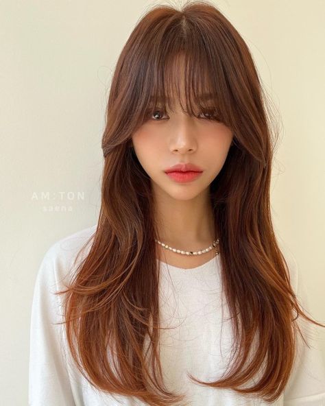 Korean Haircut Long, Asian Bob Haircut, Hairstyle Female, Red Korean, Asian Long Hair, Layered Hair With Bangs, Asian Haircut, How To Cut Bangs, Korean Hair