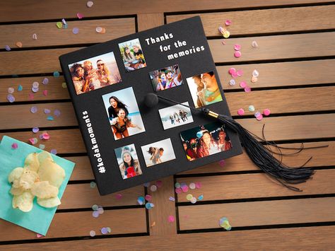 Graduation Cap Designs Picture Collage, Graduation Cap With Pictures, Senior Year Things, College Grad Cap Ideas, Graduating College, Cap And Gown Pictures, College Things, Hat Decor, High School Graduation Cap