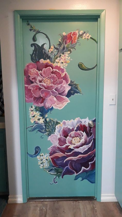 Freehand door mural  #floralmural  Artist Joanna Endermann  Behr's summer dragonfly base coat  Acrylic paint Door Paint Design, Folding Doors Ideas, Painted Bedroom Doors, Meubles Peints Style Funky, Creating A Capsule Wardrobe, Door Mural, Doors Ideas, Painted Door, Cat Litter Box Furniture