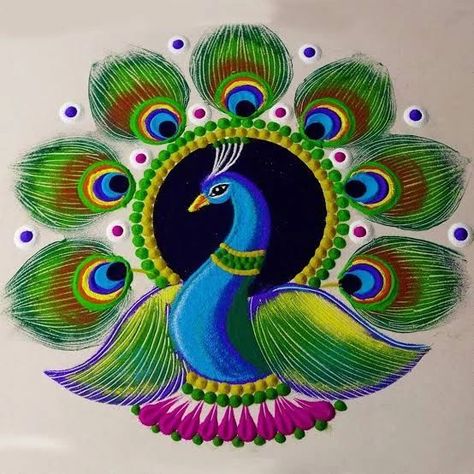 Beautiful new style peacock rangoli design Krishna Rangoli For Diwali, Rangoli Idea, Margali Kolam, Rangoli Photos, Rangoli Designs For Diwali, Rangoli For Diwali, Diwali Drawing, Poster Rangoli, Diwali Design