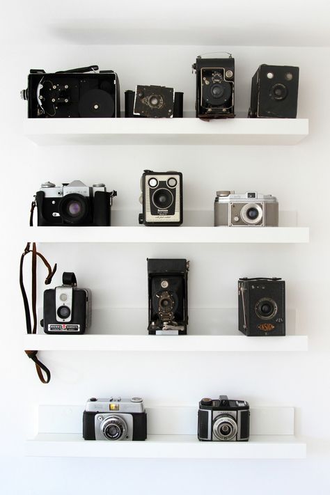 Vintage Camera Decor Ideas, Film Camera Display, Old Camera Display, Camera Collection Aesthetic, Camera Display Ideas Shelves, Camera Shelves, Camera Display Ideas, Camera Room Decor, Photographer Office Ideas