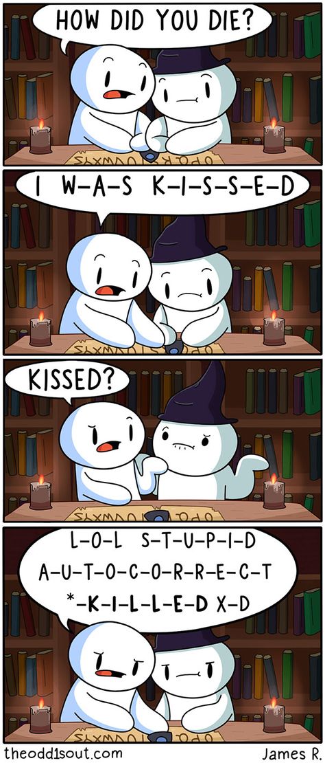 These 275 Funny Comics By Theodd1sout Have The Most Unexpected Endings Ouija Table, Odd Ones Out Comics, The Odd 1s Out, Theodd1sout Comics, Auto Correct, Drawing Eyes, Drawing Hair, Funny Comic Strips, Drawing Faces