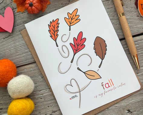 "❤️ Love this item? Don't forget to check out the rest of my shop at : https://www.etsy.com/shop/ArtGraphicallyNoted In this order you will receive 1 (one) card (as pictured) with the saying \"fall is my favorite color\" with an original hand drawn images of swirling fall leaves. The \"fall\" is in different colors matching the leaves and one of the swirls is shaped like a heart!. Finished size of 4.25\" x 5.5\" with an envelope. Envelope color may vary. Free standard shipping. Colors may slight Thanksgiving Drawings Ideas, Thanksgiving Cards Drawings, Fall Homemade Cards, How To Draw Fall Leaves, Fall Diy Cards, Diy Thanksgiving Cards Handmade, Fall Handmade Cards, Thanksgiving Watercolor Cards, Fall Cards Handmade Ideas