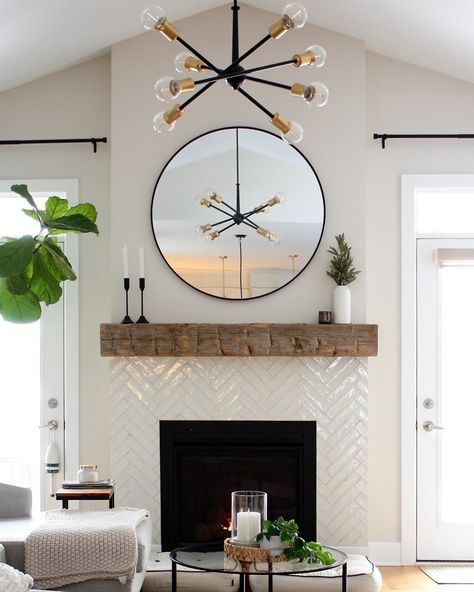 TilesInspired (@tilesinspired) • Instagram photos and videos Herringbone Tile Around Fireplace, White Tile Fireplace Ideas, Floor To Ceiling Tile Fireplace, Tiles Around Fireplace, Fireplace To Ceiling, Herringbone Tile Fireplace, Gate Inspiration, Floor To Ceiling Tile, Fireplace Facelift