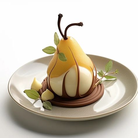 Indulge your taste buds with these delicious Chocolate Poached Pears. Perfectly ripe pears are simmered in a rich chocolate sauce, creating a sweet and decadent treat for any occasion. Enjoy a heavenly combination of sweet, sour, and tart flavors with every bite! Elegant Plated Desserts, Professional Desserts, Desert Presentation, Gastronomische Desserts, Red Pears, Ripe Pears, Bee Cupcakes, Patisserie Fine, Fine Dining Desserts