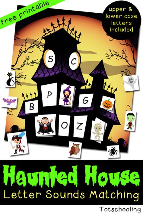 Haunted House Letter Sounds Matching. Great Halloween alphabet activity with friendly monsters and creatures inside a haunted house. Includes a witch, vampire, zombie, ghost and more! Halloween Letter Sound Activities, Halloween Beginning Sounds, Halloween Alphabet Activities, Halloween Abc, Halloween Kindergarten Activities, Halloween Color By Number, Halloween Literacy, Zombie Ghost, Vampire Zombie