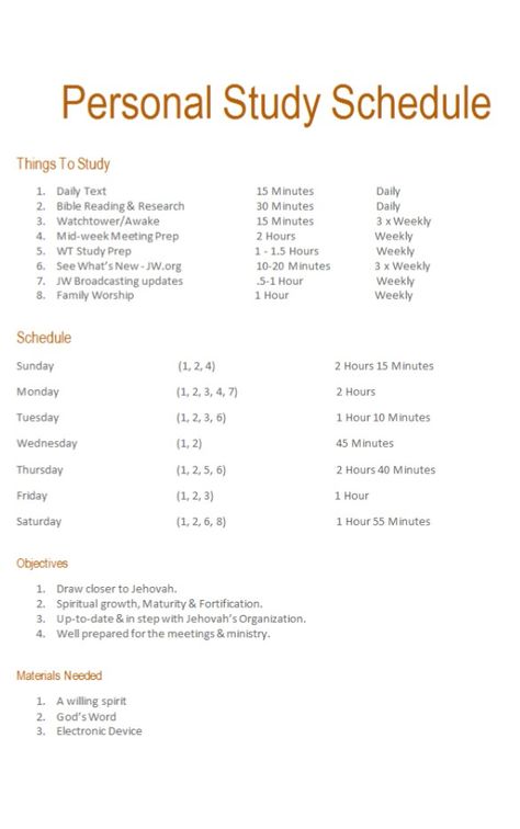 Personal Study routine - Daily schedule can be spread out throughout the day, i.e. Morning, Lunch break, and before bed or all at once. Reading Schedule College, Study Schedule Weekly, Bible Schedule Reading, Jw Bible Reading Schedule, Personal Study Schedule Jw, Jw Schedule, Bible Schedule, Jw Personal Study, Bible Study Schedule