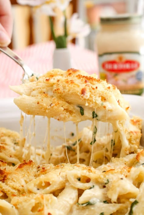 Oven-Baked Alfredo Pennoni and Cheese | The Two Bite Club | #alfredosauce #macaroniandcheese #pasta #ad Alfredo With Ricotta Cheese, Baked Pasta Alfredo Recipe, No Boil Alfredo Pasta Bake, Pasta Bake White Sauce, Oven Alfredo Pasta, Baked Fettucini Alfredo Easy, Pennoni Recipes, Oven Baked Alfredo Pasta, Baked Alfredo Pasta Recipes