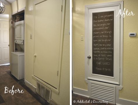 This blogger disguised her ugly HVAC closet door by turning it into a framed custom chalkboard. I like how she covered the vent too. I have two of these things in my upstairs hallway! Hvac Closet, Hide Water Heater, Water Heater Closet, Hollow Core Door, Cover Electrical Panel, Closet Door Ideas, Chalkboard Door, Hiding Ugly, Hollow Core Doors