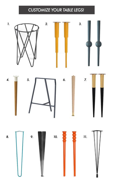 Mix and Match to Create a Custom Table (click through for more!) 1. Hairpin pedestal  2. Alfred 700 3. Otto 700 4. Hilver 5. Lerberg 6. Traditional Tapered Leg 7. Estelle 700 8. Hairpin Leg 9. Fold Leg 10. Siri 700 11. Original Leg Meja Industrial, Diy Table Legs, Kursi Bar, Hemma Diy, Metal Table Legs, Furniture Legs, Furniture Inspiration, Metal Furniture, Diy Table