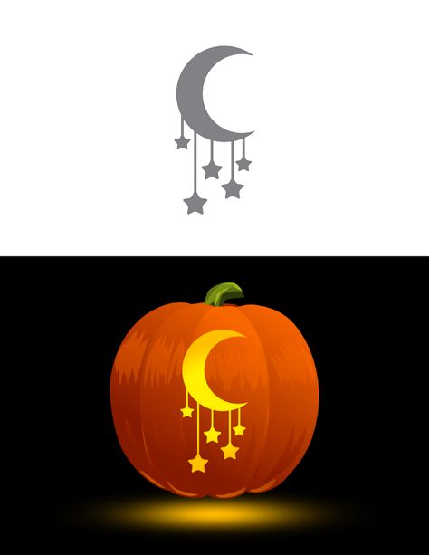 Printable Moon and Hanging Stars Pumpkin Stencil Pumpkin Carving Stars And Moon, Moon And Stars Carved Pumpkin, Sun And Moon Pumpkin Carving Stencil, Pumpkin Carving Ideas Moon And Stars, Pumpkin Carving Moon And Stars, Sun And Moon Pumpkin Carving, Moon And Stars Pumpkin Carving, Witchy Pumpkin Carving, Moon Pumpkin Carving