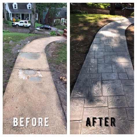 Turning ugly concrete walkway into a beauty! CALL NOW FOR FREE ESTIMATES (571) 388-3341 House Diys, Concrete Repair, Concrete Resurfacing, Concrete Overlay, Concrete Walkway, Concrete Crafts, Stamped Concrete, Walkway, Turning