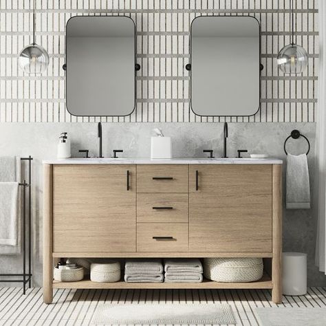 Bathroom Renovation | West Elm Japandi Bathroom, 60 Inch Vanity, Big Bathroom, Plumbing Installation, Vanity Faucet, Double Bathroom, Wood Cover, Double Bathroom Vanity, Wood Vanity