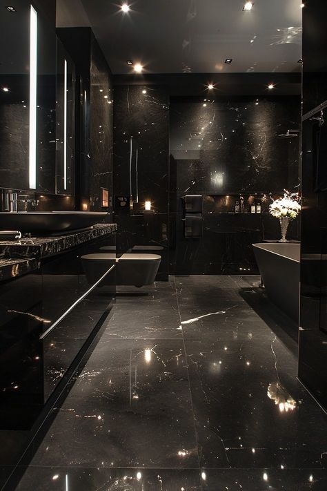 29 Bold Black Bathroom Decor Ideas for a Dramatic Flair 1 Black Interior House, Black House Interior Design, Futuristic Bathroom Design, Luxury Black Bathroom, Black Bathroom Decor Ideas, Black House Interior, Lighting Bathroom Vanity, Decorating Bathrooms, Dark Bathroom Ideas