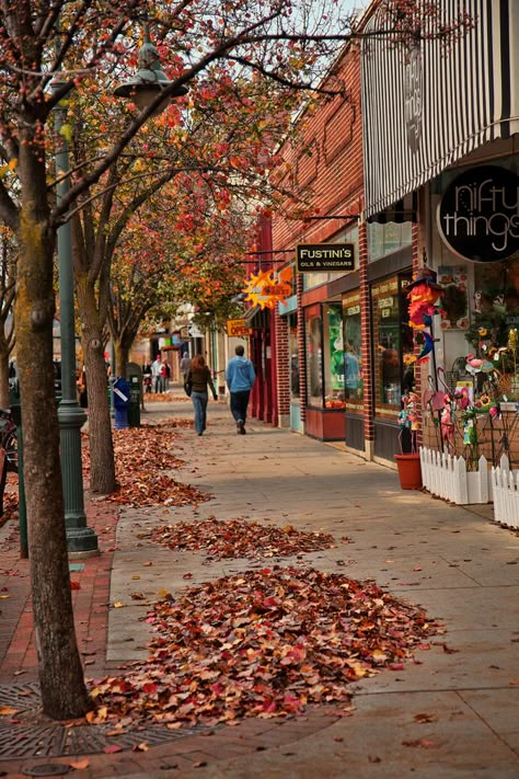 Fall Town Aesthetic, Small Town Fall Aesthetic, Traverse City Michigan Fall, Little Town Aesthetic, Fall City Aesthetic, Michigan Aesthetic, Fall Town, America Street, Fall In The City