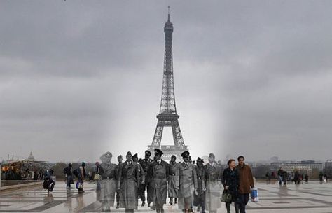 Historical photos imposed over present day sites.  Amazing! Modern Scene, 1940s Photos, Ghost Images, Classic Photography, Modern Photographers, Modern Metropolis, Travel Around Europe, Ghost Photos, The Eiffel Tower