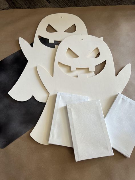 How To Make A Light Up Ghost Using Dollar Tree Items - The Shabby Tree Dollar Tree Ghost Wood Cutout, Light Up Ghost, The Shabby Tree, Shabby Tree, White Spray Paint, Clip Lights, Black Spray Paint, Halloween 2022, Craft Night