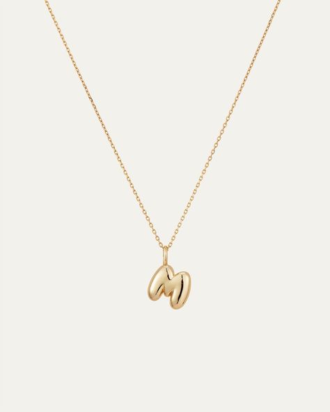 A small, 14K gold removeable pendant glides along a 14K gold, diamond cut cable chain. These instant heirlooms are slow-crafted from recycled 14K gold and make the perfect gift—for you or them. Wear your favorite letter around your neck and add a personalized touch to your chain stack. This design includes a shortening ring, making it easy to adjust and wear at 16.5" or 18". 14K recycled yellow golddiamond cut cable chainspring ring claspfinish: high polish product measurements:chain length: 41. Bubble Letter Necklace Gold, Valentine's Jewellery, Shuffle Outfit, Chain Stack, Bubble Letter Necklace, K Necklace, Jewelry Stack, 2024 Wishlist, M Jewelry