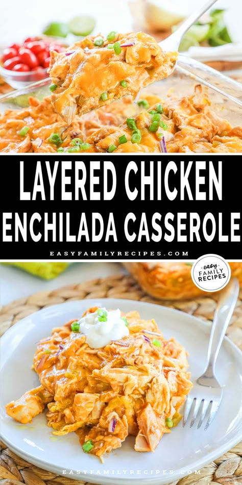 EASY family friendly dinner! Layered chicken enchilada casserole is that new kid favorite meal you’ve been looking for! Use premade shredded chicken, green chilies, and flavor packed enchilada sauce for the most delicious meal that everyone is sure to devour! It’s a one-pan oven baked chicken dish that the whole family will be happily eating in no time. Easy clean up, hands off cooking, and gooey cheesy layers of enchilada make this an instant win for any family. Layered Chicken Enchilada Casserole, Green Chili Chicken Enchilada Casserole, Green Chicken Enchilada Casserole, Shredded Chicken Enchiladas, Easy Enchilada Casserole, Easy Chicken Enchilada Casserole, Healthy Chicken Enchiladas, Chicken Enchilada Casserole Recipe, Chicken Enchilada Bake