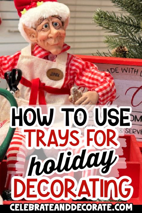 Here are the best ways how to use trays for holiday decorating. Easy Christmas decor ideas for home! Xmas Tray Decor Ideas, How To Decorate A Tray For Christmas, Christmas Bed Tray Decor, Christmas Decor Ideas For Console Table, Christmas Decor Tray Ideas, Holiday Tray Decor, Tray Christmas Decor Table Centerpieces, Christmas Trays Ideas, Console Table Christmas Decor Ideas