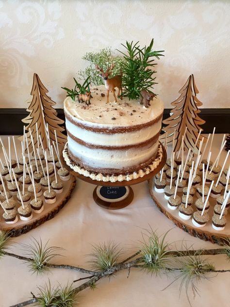 Woodland Baby Shower Woodlands Baby Shower Cake, Woodsy Baby Shower Cake, Woodland Baby Shower Theme Cake, Easy Baby Shower Desserts, Baby Shower Lunch, Animal Baby Shower Cake, Woodsy Baby Showers, Camping Cake, Easy Baby Shower