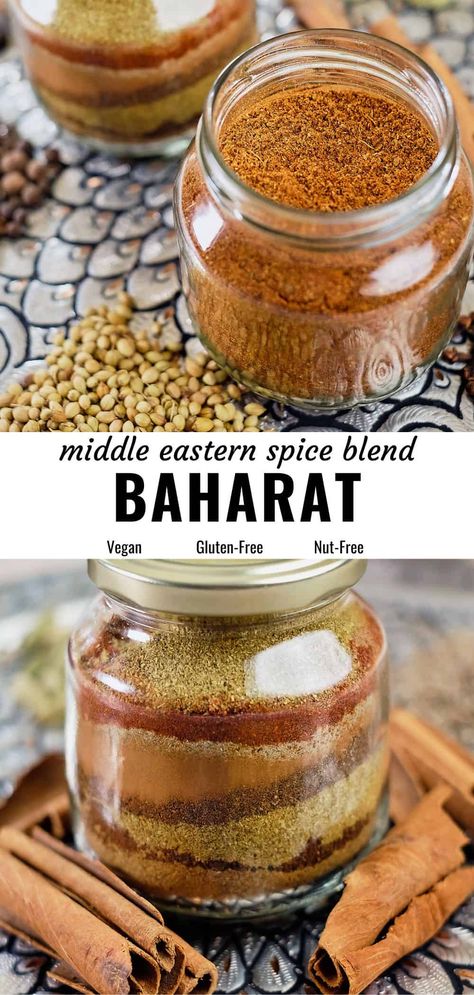 Baharat spice blend is warm, aromatic, and easy to make. This multipurpose homemade mix is the best to spice up all your delicious middle eastern recipes. Takes only a few minutes to make and is easy to store. Try this recipe to flavor a variety of recipes such as lamb, beef, chicken, stews, soups, pilafs, vegetables and more. #baharat #middleeasternrecipe #spiceblend Holiday Spice Flat White Recipe, Lebanese Spice Blend, Za’tar Spice Blend, Thai Spice Blend Recipe, Baharat Spice Blend, Turkish Spice Blend Recipe, Berbere Spice Recipes, Spice Bag Recipe, Herbalist Apothecary