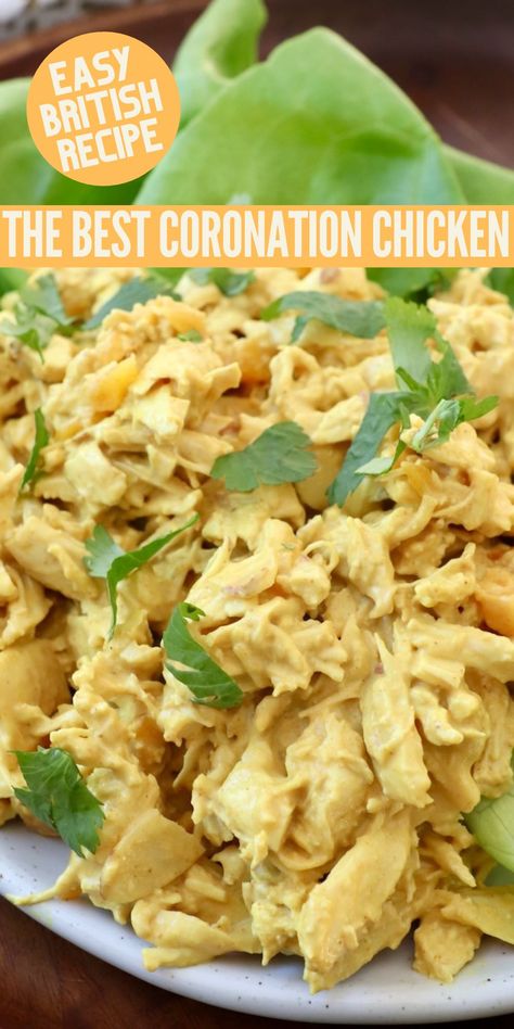 curry chicken salad on plate with leaves of lettuce Coronation Chicken Recipe Sandwiches, Coronation Salad Recipe, Coronation Chicken Curry, Easy Coronation Chicken Recipe, Coronation Chicken Salad Recipe, Coronation Chicken Recipe British, British Chicken Recipes, Curried Chicken Salad Recipe, Easy British Recipes