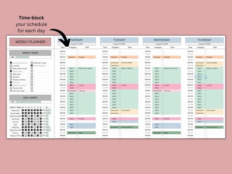 Weekly Planner | Google Sheets Template aestheticplanner #plannerdesign #weeklymealplanner #goodnotesplanner. Excel Daily Planner Template, Excel Schedule Time Management, Daily Planner Google Sheets, Excel Planner Templates, Google Sheets Planner, 2024 Planning, Weekly Planner Sheets, Office Organizing, Weekly Tasks