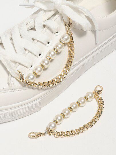 2pcs Faux Pearl & Chain Decor Shoe Decoration, Aluminum Alloy Fashionable Accessories For SneakersI discovered amazing products on SHEIN.com, come check them out! Shoe Accessories Diy, Ankle Bracelets Boho, Casual Shoes Women Sneakers, Bridal Sneakers, Shoes Fashion Photography, Beaded Shoes, Shoe Decoration, Fashionable Accessories, Chain Decor