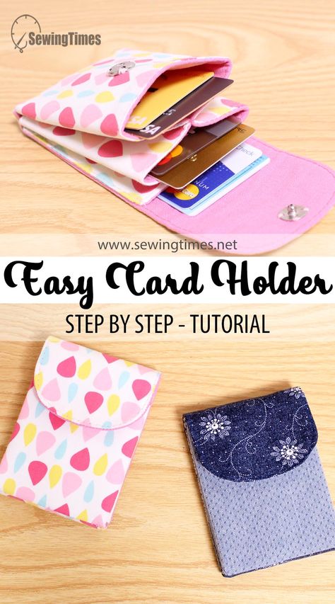 DIY SIMPLE CARD HOLDER | Card Wallet Easy Tutorial [sewingtimes] Fabric Card Wallet Free Pattern, Small Craft Projects Easy Diy, Easy Wallet Pattern Free Sewing Projects, Cricut Card Holder Wallet, Small Sewing Machine Projects, Gift Card Holder Sewing Pattern, Sewing Projects With Snaps, Card Holder Wallet Pattern, Easy Scrap Sewing Projects