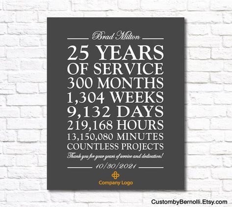 25 Year Work Anniversary Gift Personalized 25 Years of | Etsy Australia 25 Years In Business Celebration, 25 Year Business Anniversary Ideas, 25 Year Work Anniversary, Office Morale, Favorite Coworker, Work Anniversary Gifts, Living Hope, Frame Printable, Silhouette Gifts