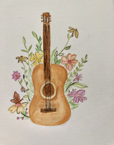 Music Painting Ideas Easy, Guitar Watercolor Painting, Music Watercolor Painting, Object Watercolor, Watercolor Guitar, Guitar Watercolor, Girl Paintings, Handmade Quotes, Guitar Painting