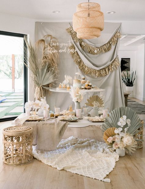 This Boho Beach Theme Party is a Ticket to Tulum! Beach Boho Birthday Party, Boho Beach Shower Ideas, Elegant Beach Theme Party, Coastal Chic Bridal Shower Ideas, Boho Beach Theme Party, Beach Theme Decorations Party, Beachy Graduation Party, Boho Beach Party Decor, Tuluminati Party