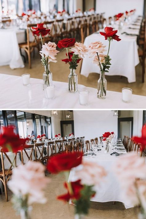 wedding flower bud vases Red And Pink Bud Vases Wedding, Red Blush Wedding Color Schemes, Red Flower Wedding Cake, Red Rose And Candle Centerpieces, Rose And Candle Centerpieces, Red And Rose Wedding, Red And White Table Decor, Simple Red Rose Centerpiece, Red Pink And Black Wedding