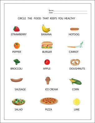 Circle the Healthy Food - Printable Worksheets Polite Expressions, Healthy Food Activities, Preschool Food, Healthy And Unhealthy Food, Food Activities, Healthy Strawberry, Healthy Eating For Kids, Printable Activities For Kids, Free Printable Worksheets