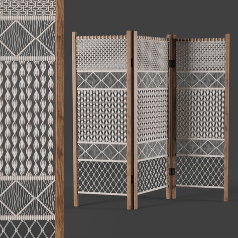 Macrame Folding Screen, Macrame Room Divider Diy, Macrame Partition, Seperator Ideas, Room Seperator, Macrame Furniture, Creative Room Dividers, Macrame Room Divider, Macrame Room