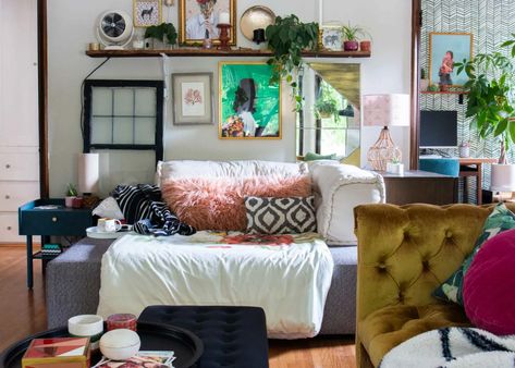 Ottoman Couch, Apartment Therapy House Tours, Gold Couch, Apartment Shopping, Seattle Apartment, African Interior Design, Oversized Ottoman, African Interior, Eclectic Living