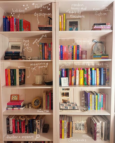 📚 bookshelf organization 📚 How do you organize your bookshelves?! I’ve tried all the methods, color coordinated, rainbow, alphabetical, aesthetic only. I reorganized my shelves today and I found that organizing them loosely by genre, while separating out my favorite books and physical TBR is what works best for me! It’s got the perfect touch of chaos and order to it and is the most functional for my day to day bookish habits. Organizing A Bookshelf, Organised Bookshelves, How To Display Books Without A Bookshelf, How To Organize Books Without Shelves, How To Organize Your Bookshelf, How To Organize Books On A Bookshelf, Bookshelf Organization Aesthetic, Organize Bookshelf, Bookshelf Organization Ideas