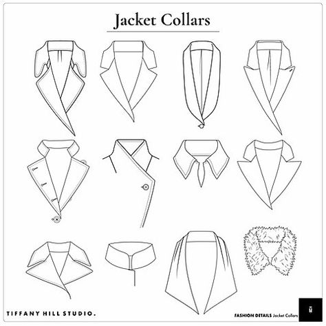 Fashion Vector Details Templates - Womens Jacket Collars | TIFFANY HILL STUDIO How To Draw Jacket Collars, How To Draw Jackets Design Reference, Collar Sketch Fashion Illustrations, Collars Sketch, Women Collar Designs, Drawing Jackets Design Reference, Sewing Details Inspiration, Jacket Sketch Drawing Fashion, Fashion Flats Template