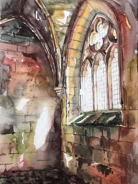 Classical Art Watercolor, Gothic Architecture Watercolor, Complex Watercolor Paintings, Watercolour Interior Drawing, Stained Glass Sketch, Watercolor Stained Glass Painting, Messy Watercolor Art, Watercolor Cathedral, Medieval Watercolor