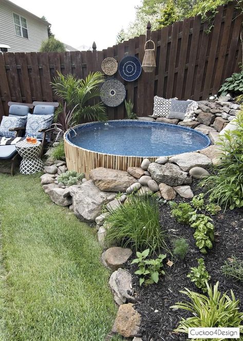 Stock Tank Swimming Pool, Landscaping Patio, Tank Swimming Pool, Landscaping Pool, Pools For Small Yards, Backyard Ideas For Small Yards, Small Yard Landscaping, Sloped Yard, Small Yards