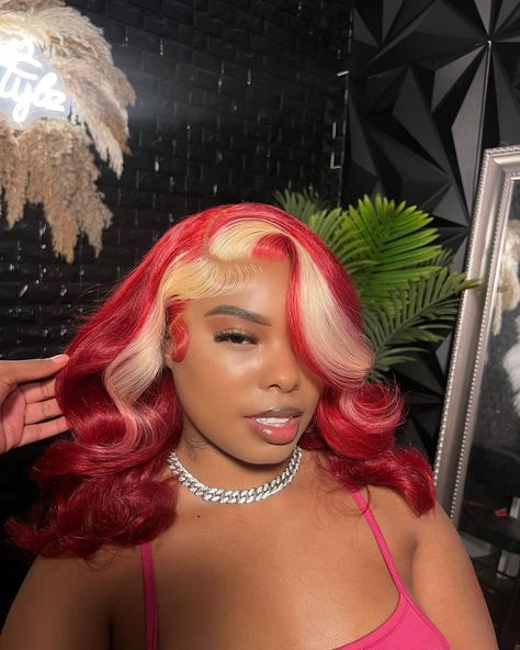 Red And Blonde Frontal Wig, Red And Pink Wig For Black Women, Short Colored Lace Front Wigs Black Women, Red And Blonde Wig For Black Women, Red Corset Outfit Black Women, Valentines Hair Color Ideas, Pink And Red Wig, Blonde And Red Wig, Bright Red And Blonde Hair Color