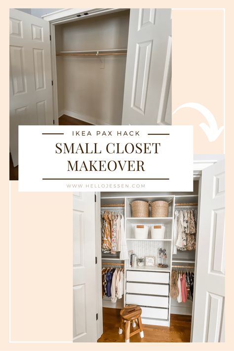 Closet Ikea Ideas Small Spaces, Small Space Den Ideas, Ikea Closet Hack Small Bifold, Built In Closet With Ikea Dresser, Closet Organizer Ideas Small, Small Mobile Home Closet Ideas, Baby Closet With Sliding Doors, Ikea Small Closet Organization, Easy Small Closet Makeover