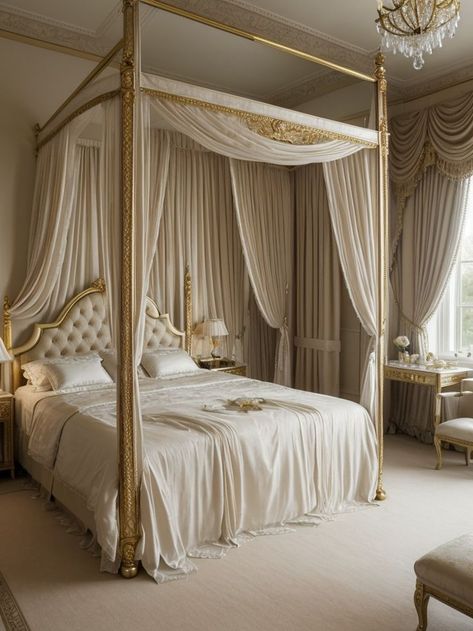 Royal Princess Bedroom, Princess Bedroom Aesthetic, Royal Luxury Bedroom Design, Princess Bed Frame, Princess Theme Bedroom, Gold Bed Frame, Princess Bedrooms, Princess Room Decor, Royal Bedroom