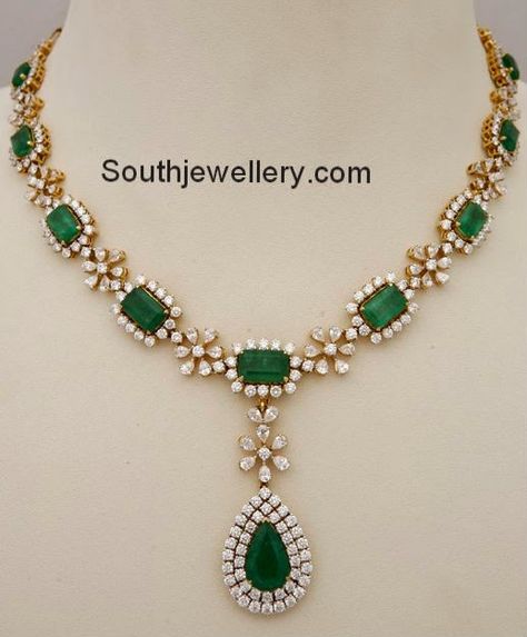 diamond emerald necklace Green Emerald Necklace Indian, Diamond Emerald Necklace, Ruby Necklace Designs, Ruby Jewelry Necklaces, Latest Jewellery Designs, Diamond Necklace Indian, Indian Wedding Jewelry Sets, Bridal Necklace Designs, Jewelry Photos