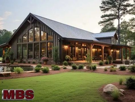 Hunting Lodge Plans Metal Buildings, Modern Ranch Barndominium, Modern Steel Building, Steel House Metal Buildings, Barndominium Design Ideas, Metal And Stone House Exterior, Cheap House To Build, Dark Green Barndominium Exterior, Inside Of Barndominium