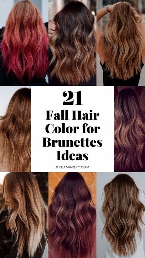 Embrace the autumn season with these 21 brunette fall hair color ideas! Perfect for adding depth and richness to your hair. Visit our website for more hair color inspiration. Fall Colors Hair Brunette, Brunette Balayage Hair For Fall, Fall Hair Color For Brunettes Straight, Fun Fall Hair Colors Brunettes, Fall Hair Color For Brunettes Balayage, Brunette Fall Hair Color, Fall/winter Hair, Fall Long Hair, Fall Colors Hair