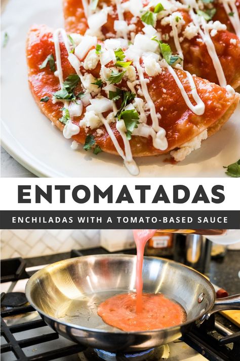 Mexican Tomato Sauce, Entomatadas Recipe, Mexican Antojitos, Mexican Sauce Recipes, Mexican Lunch, Enchilada Sauce Easy, Tortilla Recipes, Isabel Eats, Healthy Mexican Recipes