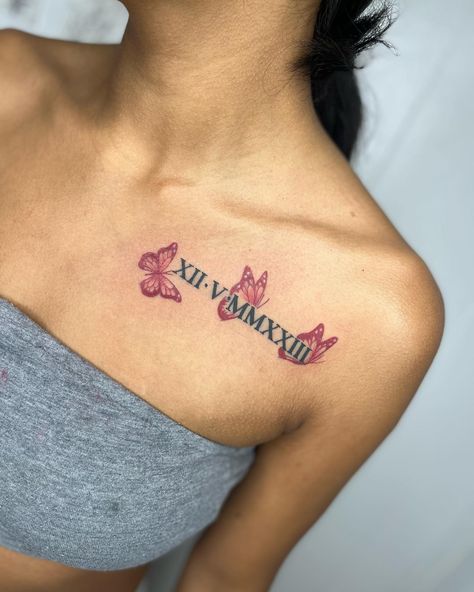 her daughters birthday in roman numerals + butterflies 😍 ••• ONLY A COUPLE SLOTS LEFT FOR JULY! GET THOSE DEPOSITS IN TO SAVE YOUR SPOT‼️ #ladysmokeink #butterflies #romannumerals #motherdaughter #redink #blackink #dynamiccolor #tripleblack #ambitiontattoo #love #family #tatinspo #tattoos #femaletattooartist #dmtobook #bookwithme #socute #foryoupage #explore Birth Year Tattoo Ideas Black Women, Rip Tattoos Roman Numerals, Daughter Birthday Tattoo, Tattoo Name Ideas Female, Butterfly Tattoo With Roman Numerals, Roman Numeral Tattoos Women, Birth Year Tattoo Ideas For Women, Butterfly Tattoo With Date, Butterfly With Name Tattoo